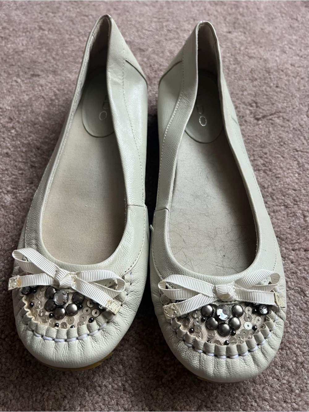 Aldo Cream Ballet Flats with Bow and Stud Detail